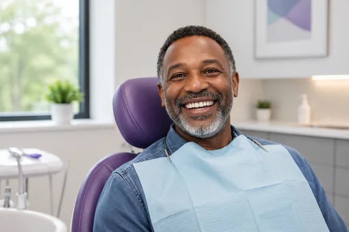 Woman sitting in a dentist chair and smiling after her dental service treatment at Edmonds Dental Studio in Edmonds Washington.