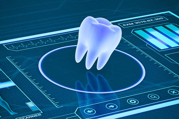 Futuristic image of a tooth interacting with dental technology at Edmonds Dental Studio in Edmonds Washington.