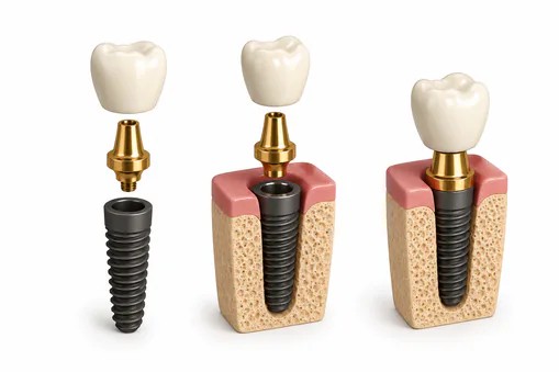3D rendering of a dental implant next to healthy teeth at Edmonds Dental Studio in Edmonds Washington